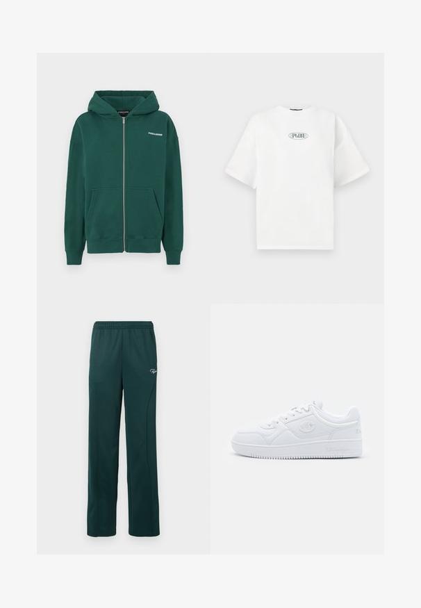 Zielona bluza z kapturem na zamek, wykonana z miękkiego materiału, z kapturem, przednimi kieszeniami i małym białym logo na lewej piersi.; Biała koszulka z krótkim rękawem wykonana z bawełny, z graficznym logo w kolorze zielonym w owalnym kształcie na środku klatki piersiowej.; Ciemnozielone dresy wykonane z miękkiego materiału, z elastycznym pasem i szwami bocznymi, z małym logo z przodu.; Białe sneakersy wykonane z gładkiego materiału syntetycznego, z okrągłym czubkiem, płaską podeszwą i subtelnymi akcentami logo po bokach. Klasyczny niski design.