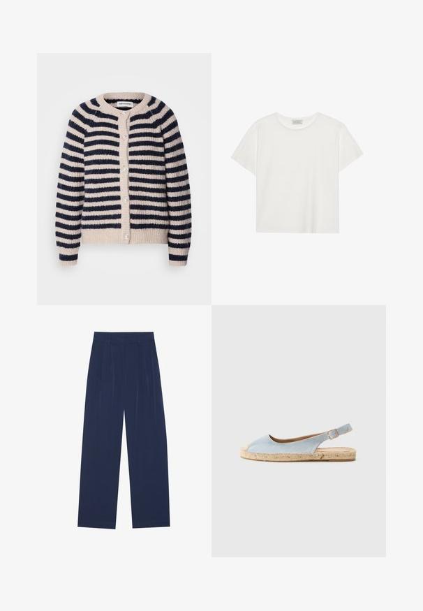 Lollys Laundry Cardigan - dark blue; White short-sleeve T-shirt made of soft cotton. Features a round neckline and relaxed fit. Clean design with no visible patterns or accents.; Navy blue wide-leg pants made of soft fabric, featuring front pleats, a smooth texture, and a straight fit with no visible pockets.; Light blue espadrille with a slingback design, featuring a rounded toe, jute sole, and flat heel. Soft texture with minimal stitching details.