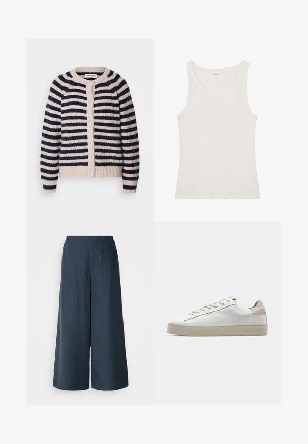 Lollys Laundry Cardigan - dark blue; Hvit bomullstopp med vid halsutskjæring og tynne skulderstropper. Glatt tekstur uten synlige mønstre eller dekorasjoner.; Vidde benbukser i marineblå, laget av lett stoff. Har en litt teksturert overflate, elastisk liv og frontseam.; Hvit lær sneakers med en glatt finish, aksenter i beige semsket skinn, rund tå, flat snøring og en teksturert gummisåle.