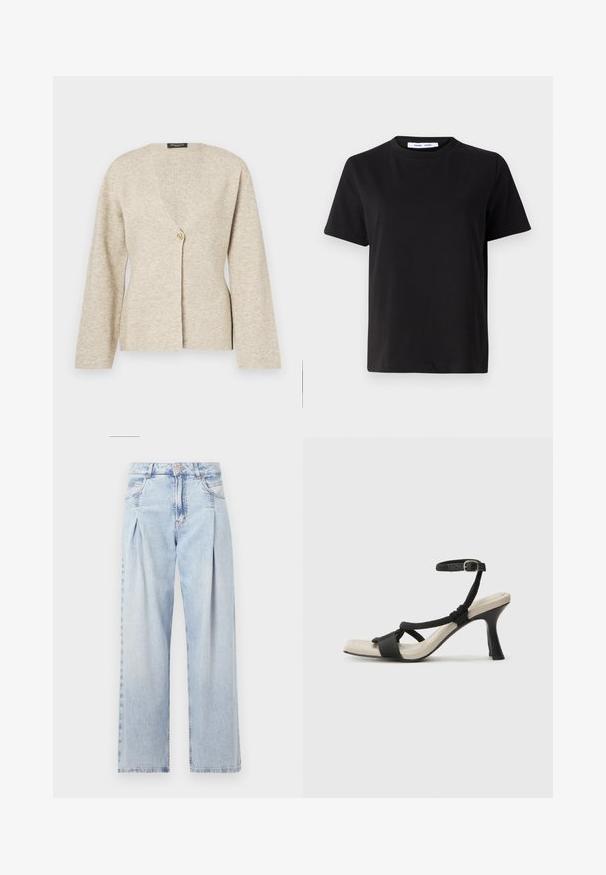 Beige cardigan laget av myk strikket stoff, med V-hals, lange ermer og en enkelt gullknapp lukking foran.; Svart kortermet t-skjorte laget av myk bomull, med rund hals, avslappet passform og en jevn tekstur. Ingen synlige mønstre eller grafikk.; Lyseblå denimjeans med høy livlinje, vide ben, to sidelommer og plisserte detaljer. Myk tekstur med en falmet finish.; Sorte helårs sandaler med flettet stroppesdesign, firkantet tå og justerbar ankelrem. Lys beige fotseng med glanset svart hæl.