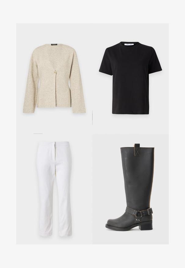 Cardigan beige realizzato in morbido tessuto a maglia, con scollo a V, maniche lunghe e chiusura frontale con un singolo bottone dorato.; T-shirt nero a maniche corte realizzato in morbido cotone, con scollatura rotonda, vestibilità rilassata e una superficie liscia. Nessun motivo o grafica visibile.; Pantaloni bianchi in cotone con design a gamba dritta, caratterizzati da una vita a media altezza e senza hardware o motivi visibili. Tessuto liscio su tutta la superficie.; Stivale nero in pelle alta fino al ginocchio con finitura texturizzata, caratterizzato da un'accento a fibbia laterale e un tacco basso. Cuciture dettagliate lungo le cuciture.