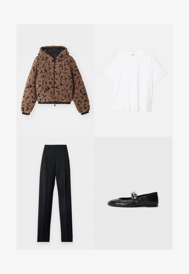 Casaco de fleece com capuz, padrão castanho e preto, com punhos e bainha elásticos, fecho frontal com zíper e forro interior preto.; T-shirt de algodão branco com mangas curtas, decote redondo, corte descontraído e bainha cosida. Etiqueta visível no interior do pescoço.; Calças pretas feitas de um tecido suave, com uma cintura alta, pernas largas, pregas frontais e passadores de cinto clássicos. Não há bolsos laterais visíveis.; Sapatilhas de balé pretas em couro com bico pontiagudo, apresentando uma correia com uma fivela metálica circular e sola plana.
