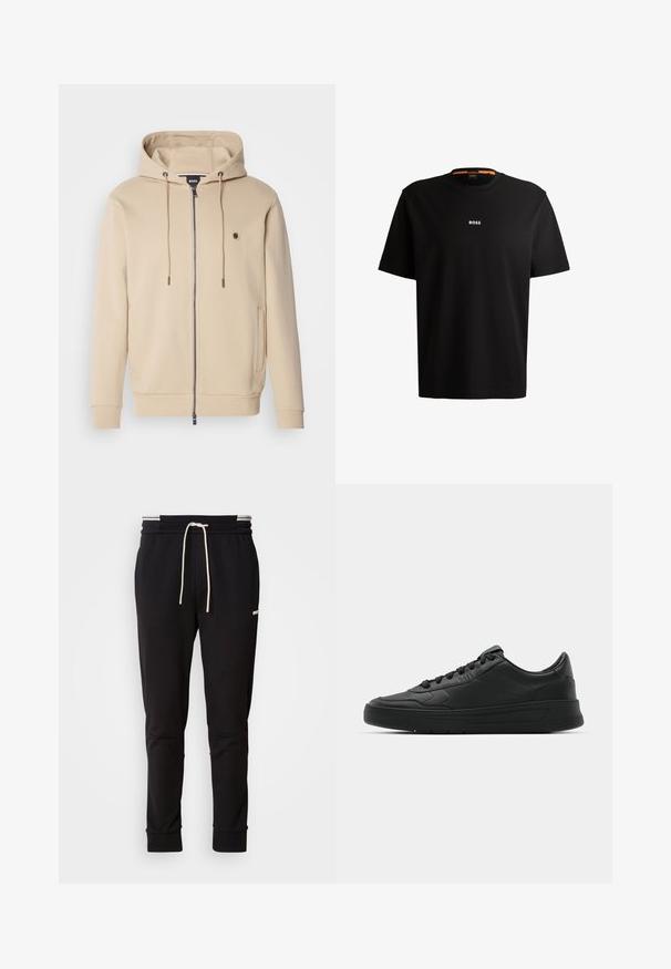 Felpa beige con zip realizzata in morbido tessuto, dotata di cappuccio con coulisse e polsini a coste. Presenta un piccolo logo sul lato sinistro del petto.; T-shirt nera in cotone con scollatura rotonda, maniche corte e logo bianco "BOSS" centrato sul petto. Texture liscia, vestibilità casual.; Pantaloni jogger slim-fit neri con cordoncino bianco, polsini a coste e logo discreto sulla coscia contro uno sfondo uniforme.; Sneaker nera con tomaia in pelle liscia, punta rotonda, lacci piatti, collare imbottito e design minimalista. Suola in gomma con un delicato motivo a rilievo.