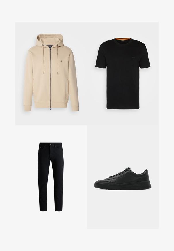 Bež majica s patentnim zatvaračem, izrađena od mekanog materijala, sa kapuljačom na vezanje i rebrastim mansetama. Sadrži mali logo na lijevoj strani prsnog koša.; Crna kratka majica s kratkim rukavima izrađena od mekog materijala, sa okruglim izrezom i suptilnim logotipom sprijeda. Unutrašnja bočna stranica kragne ima narančasti naglasak.; Crne uske traperice s pet džepova, zatvaranjem na gumb i petljicama za remen, prikazane na bijeloj pozadini.; Crne tenisice s glatkom kožnom gornjištem, okruglim vrhom, ravnim vezicama, podstavljenim ovratnikom i minimalističkim dizajnom. Gumeni potplat s suptilnim uzorkom.
