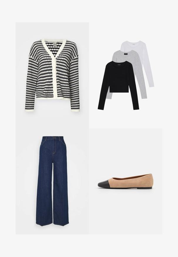 Gombos kardigán, tengerészkék és krémcsíkos kivitelben, kötött textura, V nyakkivágás és bordás mandzsetták. Négy gomb a fronthoz a záráshoz.; Három hosszú ujjú póló egymásra rakva: fekete, szürke és fehér. Mindegyiknek kerek nyaka van, és rövidített fazonnal rendelkezik, sima, könnyű anyagból készült.; Magas derekú, széles szárú sötétkék farmernadrág elöl és hátul zsebekkel, gombos záródással és látható varrási részletekkel.; Beige velúr balettcipő fekete bőr kerek orral, alacsony sarokkal és sima textúrával, minimális varrással és letisztult dizájnnal.