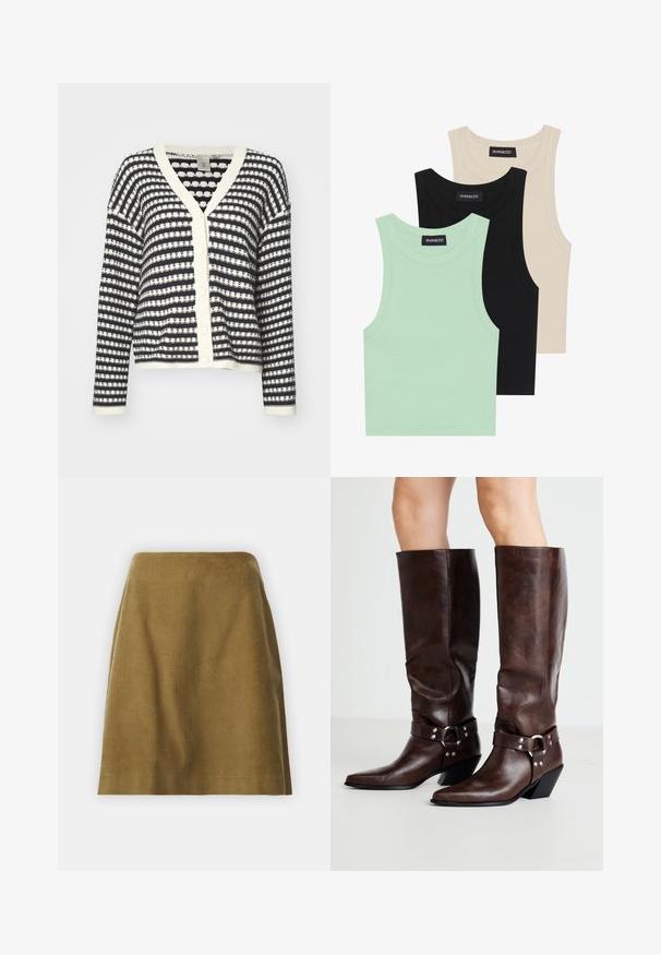 Cardigã de botão até cima com riscas azul-marinho e creme, textura tricotada, decote em V e punhos com nervuras. Quatro botões na parte da frente para fecho.; Três tops em mint green, preto e bege; feitos de tecido canelado com um decote redondo e sem mangas. Etiqueta da marca visível.; Selected Femme SLFJENNY NEWIBI SKIRT - Saia evasé - camel; RAID NEVIS - Botas de cowboy/motociclista - brown