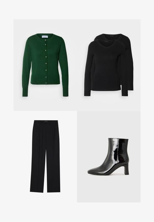 Lindex ANNA - Cardigan - green; Two black long-sleeve shirts with a V-neck design, made of soft, stretchy fabric, showing smooth texture and a fitted shape.; Black trousers with a straight-leg design, featuring two front pockets and a waistband. Made from a smooth, lightweight fabric.; Black patent leather ankle boot with a pointed toe and a mid-height block heel. Smooth texture and minimalist design.