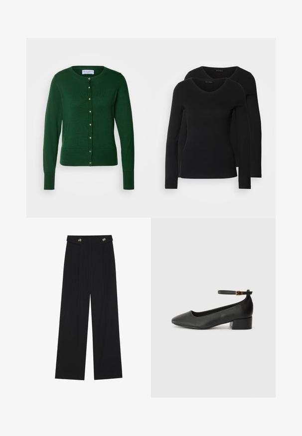 Lindex ANNA - Chaqueta de punto - green; Dos camisetas negras de manga larga con diseño de escote en V, confeccionadas en una tela suave y elástica, que muestran una textura lisa y una forma ajustada.; Pantalones de pierna ancha negros con cintura alta, detalles de botones en la cinturilla y pliegues en la parte delantera.; Zapato de tacón negro de cuero con punta afilada y tacón bajo cuadrado. Presenta una correa para el tobillo con una hebilla en tono dorado. Textura suave.