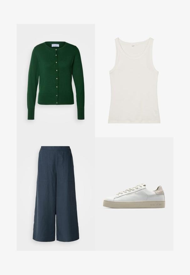 Lindex ANNA - Kardiganas - green; Balta medvilnės marškinėliai be rankovių su plačiu kaklu ir plonomis petnešėlėmis. Lygus paviršius be matomų raštų ar papuošimų.; Platų kojų kelnės tamsiai mėlynos spalvos, pagamintos iš lengvos medžiagos. Turtinga šiek tiek tekstūruota paviršiaus, elastinga juosmens juosta ir priekiniai siūlai.; Balti odiniai sportbačiai su lygiu paviršiumi, šviesiai rudos suede akcentais, apvalia nosimi, plokščiu raištelių užsegimu ir tekstūruotu guma pagamintu padu.