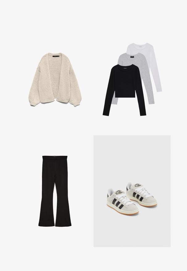 Chunky gestrickte, offen zu tragende beiges Cardigan mit Ballonärmeln und gerippten Bündchen, auf einem weißen Hintergrund präsentiert.; Drei langärmelige Oberteile gestapelt: schwarz, grau und weiß. Jedes hat einen runden Halsausschnitt und ein kurzes Design aus glattem, leichtem Stoff.; Schwarze Schlagleggings aus dehnbarem Stoff. Sie verfügen über einen breiten Bund und eine glatte Textur, mit einer enganliegenden Silhouette, die am Saum ausgestellt ist.; Graue Wildledersneaker mit weißen Schnürsenkeln, schwarzen Streifen und einer weißen Gummisohle. Merkmale sind ein kreisförmiges Logo auf der Zunge und eine Gummisohle.