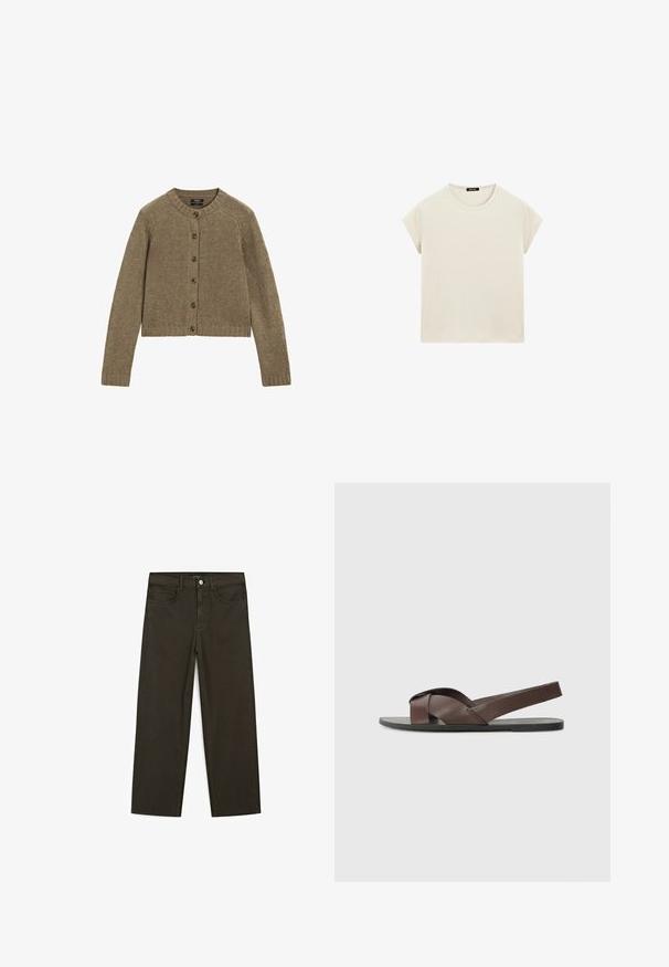 Cardigan marrone a coste con maniche lunghe, scollo rotondo e sette bottoni frontali. Presenta un taglio corto e un motivo a maglia testurizzata.; Massimo Dutti SHORT SLEEVE WITH ROUND NECK - T-shirt basic - beige; Jeans a gamba larga di colore verde scuro, realizzati in tessuto misto cotone, dotati di chiusura con bottone frontale, cinque tasche e cuciture classiche in denim.; Sandalo in pelle marrone con design a cinghia incrociata, suola nera piatta e cinturino posteriore regolabile. Texture liscia e dettagli hardware minimi.