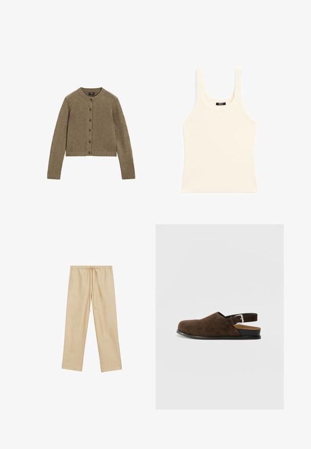 Brauner gerippter cardigan mit langen Ärmeln, Rundhalsausschnitt und sieben vorderen Knöpfen. Hat einen cropped Schnitt und ein strukturiertes Strickmuster.; Hellbeige Trägershirt aus Rippenstoff mit rundem Ausschnitt und breiten Trägern, in schmaler Passform und mit minimaler Ausstattung.; Helle beige, locker sitzende Hose mit einem elastischen Bund und Kordelzug. Verfügt über zwei Seitentaschen und eine glatte Textur.; Braune Wildleder-Ballenrutscher mit niedrigem Absatz, verstellbarem Riemen mit silberner Schnalle und schwarzer Gummisohle.
