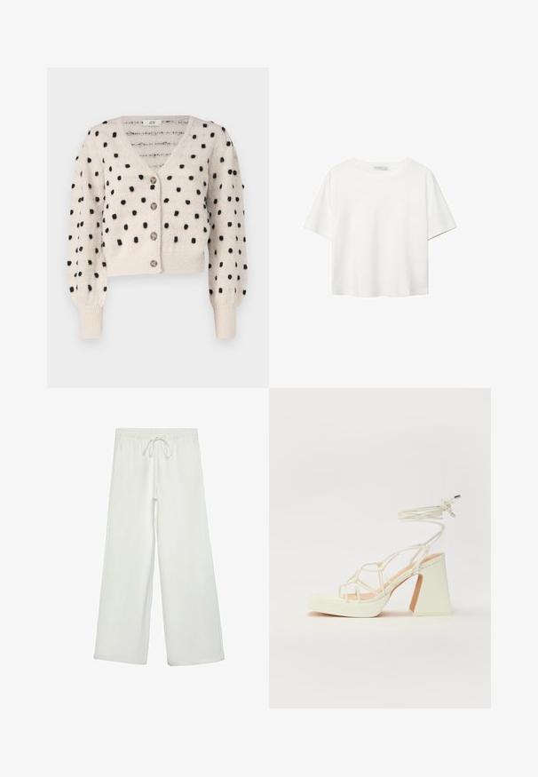 JDY SIGRID LIFE szary; Biała koszulka z krótkim rękawem, wykonana z bawełny. Posiada okrągły dekolt i luźny krój. Gładka faktura bez widocznych wzorów czy akcentów.; Białe spodnie o szerokich nogawkach wykonane z miękkiego materiału. Posiadają elastyczny pas ze sznurkiem i gładką teksturę. Brak widocznych wzorów lub elementów metalowych.; Biała sandał na wysokim obcasie z masywnym słupkiem, z paskowym wzorem i wiązaniem przy kostce. Gładka faktura z platformą z przodu dla dodatkowej wysokości.