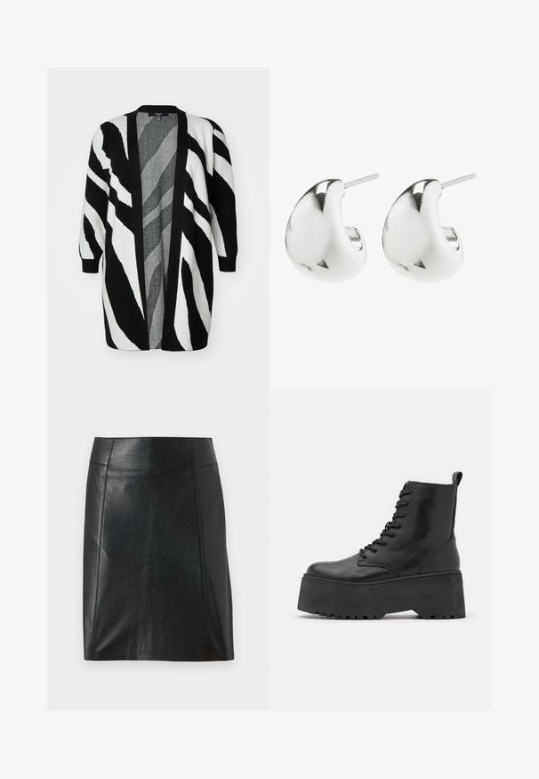 Vero Moda Curve NANCY - Strickjacke - black/birch; Weißes, geripptes Tanktop mit runder Ausschnittform und ärmellosem Design, ausgestattet mit einem geraden Saum und einer glatten, dehnbaren Textur.; Schwarzer Lederrock mit taillierter Passform. Glatte Textur, Nähte, die die Form betonen, und ein gerader Saum. Minimalistische und elegante Optik.; Schwarze Knöchelstiefel mit einer dicken Plattformsohle, aus glattem Leder gefertigt, mit Schnürdesign und einer Zuglasche hinten.; Silberne Steckerohrringe mit einem glatten, geschwungenen Design. Sie verfügen über eine polierte Oberfläche und eine Steckverschlusssicherung für sicheren Halt.