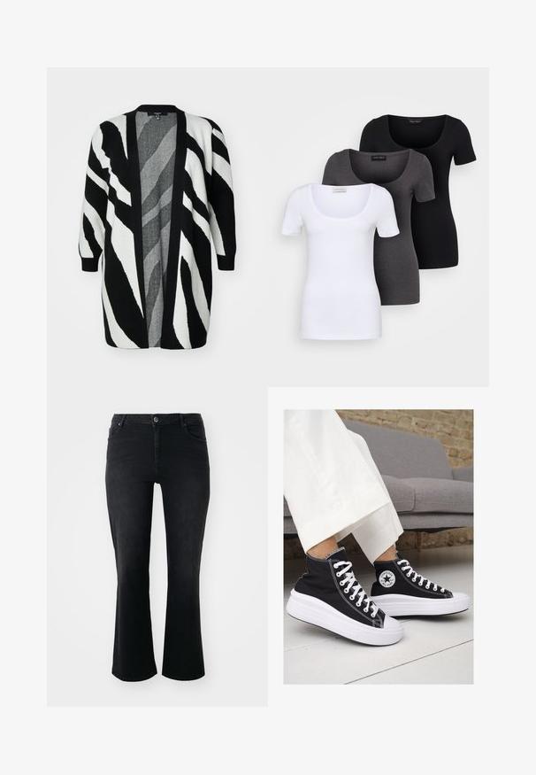 Vero Moda Curve NANCY - Kardigan - black/birch; Kolm mugavat T-särki valges, hallis ja mustas värvitoonis. Igal särgil on lai madal kaelus ja lühikesed varrukad. Valmistatud siledast, venivast kangast.; Mustad teksad keskmise kõrgusega talje, ees nööp, kaks ees taskut, kaks taga taskut ja lehviva sääre lõige.; Mustad musträgiga kõrge vars sneakerid valgete kummist tallade ja paeltega. Küljel on ringikujuline logo ja kontrastne valge õmblus.