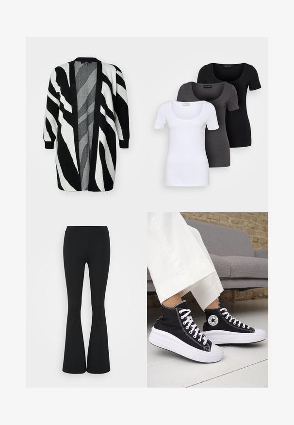 Vero Moda Curve NANCY - Gilet - black/birch; Trois T-shirts ajustés en blanc, gris et noir. Chacun présente un décolleté large et des manches courtes. Fabriqués en tissu lisse et extensible.; Pantalon évasé noir en tissu extensible, présentant une taille haute et une texture lisse. Le pantalon s'élargit à partir du genou.; Baskets montantes noires avec semelles et lacets en caoutchouc blanc. Dotées d'un patch logo rond et de surpiqûres blanches contrastantes. Matière en toile.