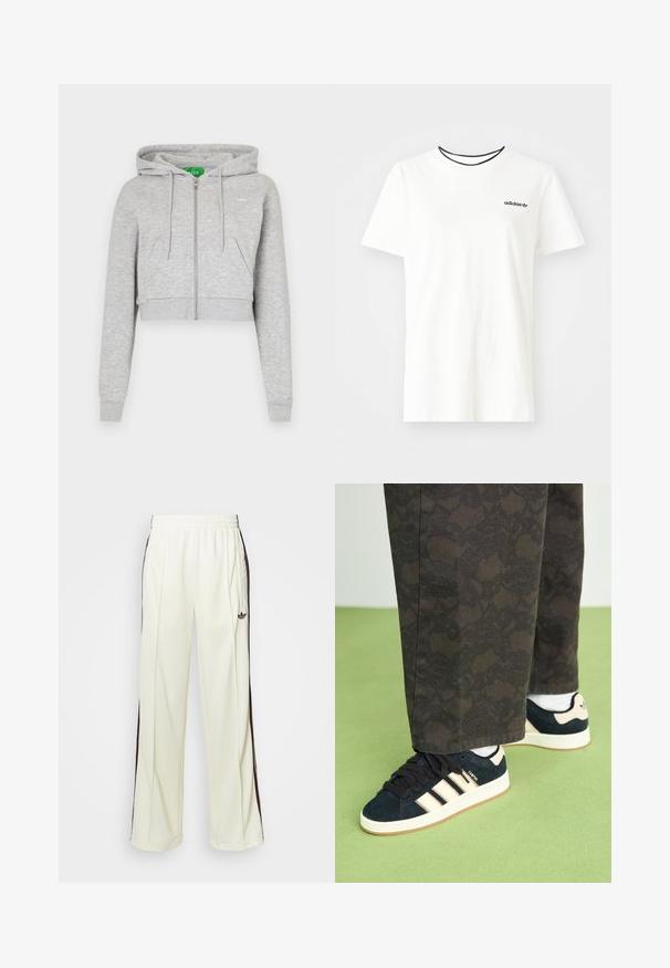 Pelēks īss kapuce ar priekšējo rāvējslēdzēju, regulējamu kapuci un priekšējām kabatām. Izgatavots no mīksta auduma ar ribotām aprocēm un apakšmalu.; Balta kokvilnas T-krekls ar īsām piedurknēm un apļveida kakla izgriezumu. Piedāvā melnu Adidas logotipu uz krūtīm un kontrastējošu melnu iekšējo apkakli.; Krēma krāsas sporta bikses ar brīvu piegriezumu, ar tumši brūnām sānu svītrām un izšūtu logotipu kreisajā augšstilbā.; Melna un rakstaina bikses, kas saskaņotas ar tumši ziliem zamšādas sporta apaviem ar krēma krāsas svītrām un baltām zolem. Virsmas ir tekstūras un plakanas.