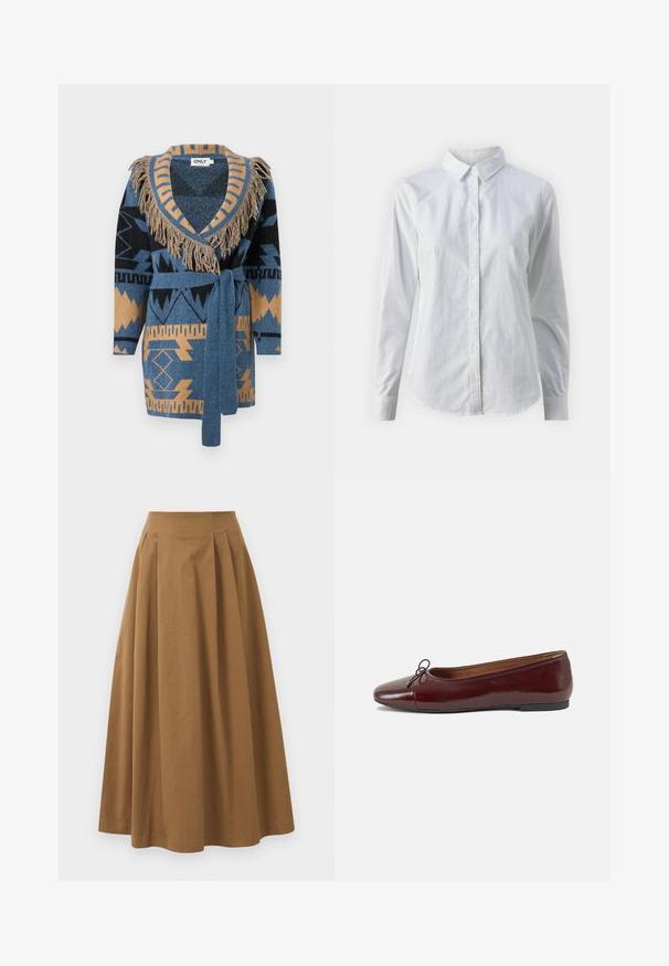 Plavi i smeđi uzorak pletene kardigan s resastim šalom i odgovarajućim remenom zavezanom u struku, prikazan na bijeloj pozadini.; Bjela košulja na dugih rukava od glatkog pamuka, s klasičnom kragnom i zakrivljenim rubom. Dugmad su mala i bijela.; Smeđa pamučna suknja A kroja s visokim strukom, koja ima nabore sprijeda i glatku teksturu. Završetci donjeg ruba su čisti i jednostavni.; Burgundska lakirana balerinka s zaobljenim vrhom, malim mašnom sprijeda i niskom, crnom gumenom potplatu. Glatka tekstura.