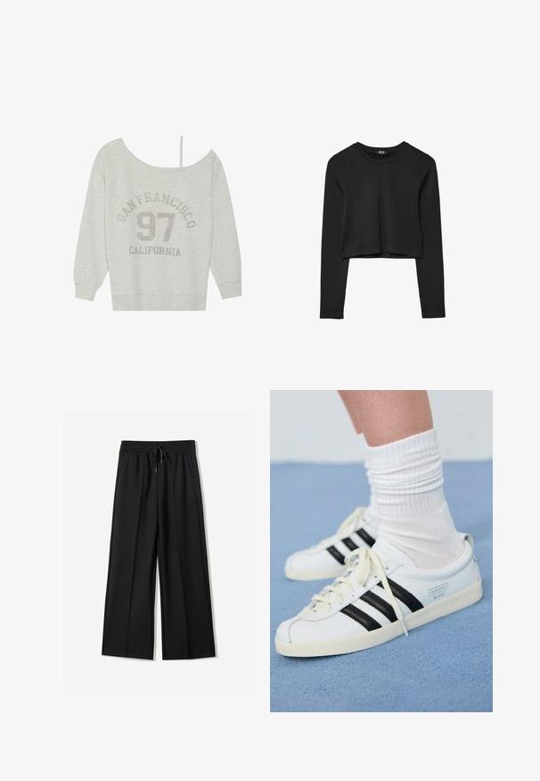 Even&Odd Sportska majica - mottled light grey; Crni dugi rukav uski crop top s okruglim izrezom, jednostavnog dizajna i blago zakrivljenim rubom.; Crne široke hlače od mekog materijala. Imaju elastičnu struk s vezicom i dva bočna džepa. Ravni prednji dio s plisama.; Bijele kožne tenisice s crnim prugama, kremasto bijela potplat i svijetle vezice. Nosi se s bijelim rebrastim čarapama, postavljeno na plavoj pozadini.