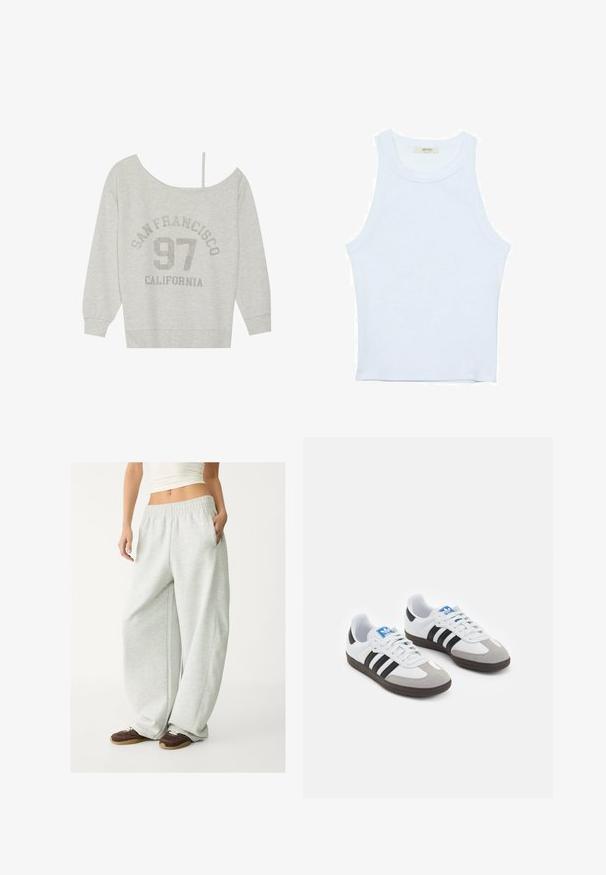 Even&Odd Športni pulover - mottled light grey; Bela majica bez rukavov, rebrasta tekstura, okrugli izrez, kroj koji prati tijelo, suptilno brendiranje na etiketi unutar ovratnika.; Svetlo sivi trenirke z elastičnim pasom, stranskimi žepi in ohlapnim krojem. Narejene iz mehke, strukturirane tkanine; vsebujejo subtilne šive.; Športni čevlji z belim usnjenim zgornjim delom, sivim semišem na prstih in tremi črnimi črtami. Imajo modro logo na jeziku in teksturiran gumijast podplat.