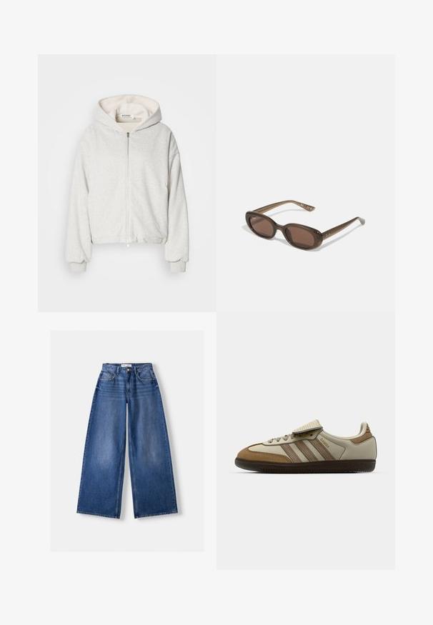 Felpa con cappuccio in grigio chiaro, realizzata in tessuto morbidissimo con chiusura a zip. Presenta un morbido rivestimento interno e polsini e orlo a costine.; Top bianco a maniche lunghe realizzato in tessuto morbido e liscio. Presenta un collo a giro e una vestibilità slim con dettagli di cucitura minimi.; Bershka WIDE-LEG - Wide Leg - dark blue; Scarpa da ginnastica marrone e crema con tre strisce beige, materiali in pelle scamosciata e pelle, design con lacci e suola in gomma. Logo testuale sul lato.; Occhiali da sole ovali marroni con lenti scure. La montatura è realizzata in un materiale marrone trasparente e presenta un logo stampato sulle tempie.; Borsa a tote in suede marrone con due manici, forma rettangolare ampia e design minimalista. Texture morbida con finitura liscia.