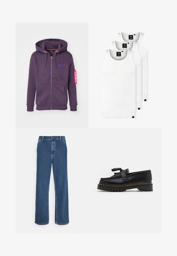 Fialová mikina na zips s logom na prednej strane, s kapucňou na šnúrku, dvoma prednými vreckami a červeným tagom na rukáve.; Tri biele rebrované tielka vyrobené z bavlny. Majú okrúhly výstrih a malé čierne štítky pri leme. Dostupné v rôznych veľkostiach.; Modré džíny z denimu so rovnými nohavicami, dizajnom so piatimi vreckami, kovovým zapínaním a viditeľným šitím pozdĺž švov a lemu.; Čierne kožené loafre s detailom na strapcoch, s masívnou čiernou podrážkou a žltým prešitím pozdĺž okraja. S textúrovaným povrchom.