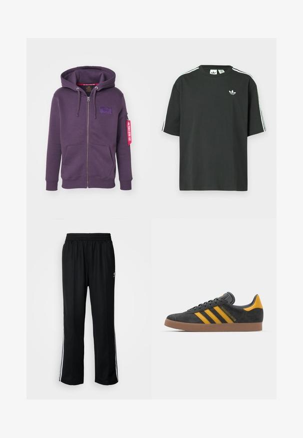 Lila zip-up huvtröja med en logotyp på framsidan, dragsko på huvan, två framfickor och en röd etikett på ärmen.; Svart bomulls-t-shirt med korta ärmar, rund halsringning och vita tre ränder på axlarna. Har en liten vit logotyp på bröstet.; Svarta träningsbyxor med elastisk midja, med vita sidostreck och en liten logotyp. Materialet verkar mjukt och lätt.; Svart mockaskor med gula accenter, med tre ränder och en brun gummisula. Inkluderar en vadderad tunga för extra komfort.