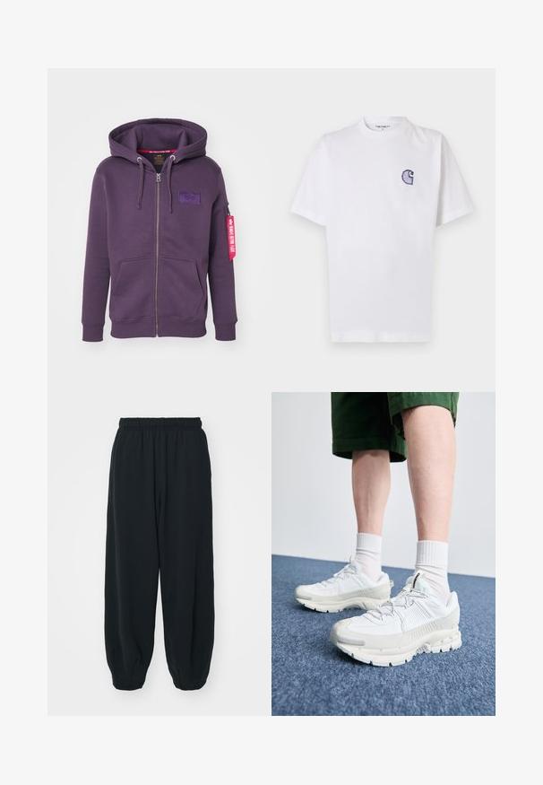 Lillasest zip-up jakke, millel on eeslogoga riidepael, kapuuts nööriga, kaks eesmist taskut ja punane silt käisel.; Valge puuvillane t-särk lühikeste varrukatega, ümara kaelusega ja vasakul rinnal väike tikitud sinine "C" logo.; Mustade elastse vöökoha ja laia lõikega dressipüksid, mansetiga sääred, sile tekstuur ning ilma nähtavate mustrite või detailideta.; Valged sportsijalatsid tekstuursete pealsete, kopsaka tallaga ja hallide aktsentidega. Kanda valgete lühikeste sokkidega ja roheliste lühikeste pükstega sinisel pinnal.