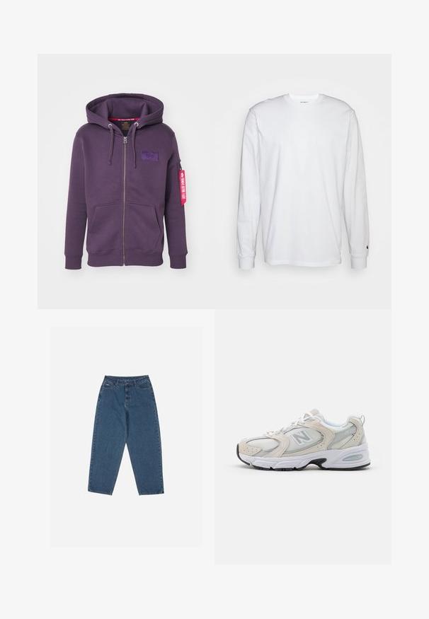 Fialová mikina na zips s logom na prednej strane, s kapucňou na šnúrku, dvoma prednými vreckami a červeným tagom na rukáve.; Biela dlhá bavlnená tričko s dlhým rukávom. Dizajn s okrúhlym výstrihom a rebrovanými manžetami, malá nášivka na ľavom rukáve. Hladká textura.; Modré džínsy s uvoľneným strihom, vysokým pásom, dizajnom s piatimi vreckami a kontrastným prešívaním. Obsahujú zapínanie na gombík a zips.; Športová obuv s hornou časťou zo svetlošedého sieťového materiálu so semišovými akcentmi, bielymi šnúrkami a čiernou gumovou podrážkou. Výrazný detail odpruženia ABZORB.