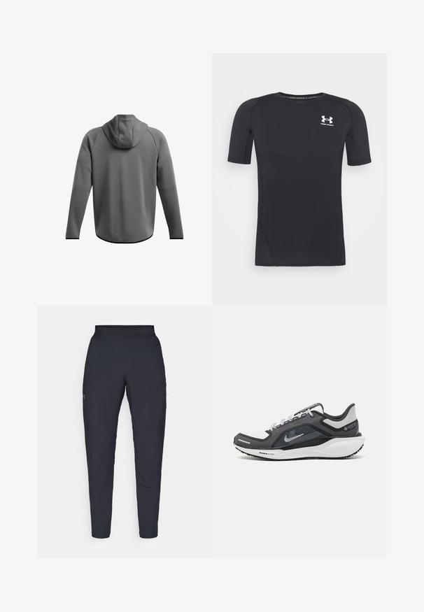 Sweatshirt à capuche gris en tissu doux, avec de longues manches raglan, un ourlet arrondi et un design sans couture au dos.; T-shirt de sport noir à manches courtes, fabriqué en tissu extensible à évacuation de l'humidité. Il possède un col rond et un petit logo blanc sur la poitrine.; Pantalons de sport noirs avec une texture lisse, coupe slim, taille élastique et poches latérales. Présente un petit logo sur la cuisse gauche.; Baskets de sport noires et grises avec un empeigne en maille, des accents réfléchissants et un intermédiaire blanc. Comprend une semelle extérieure en caoutchouc texturé et des lacets.