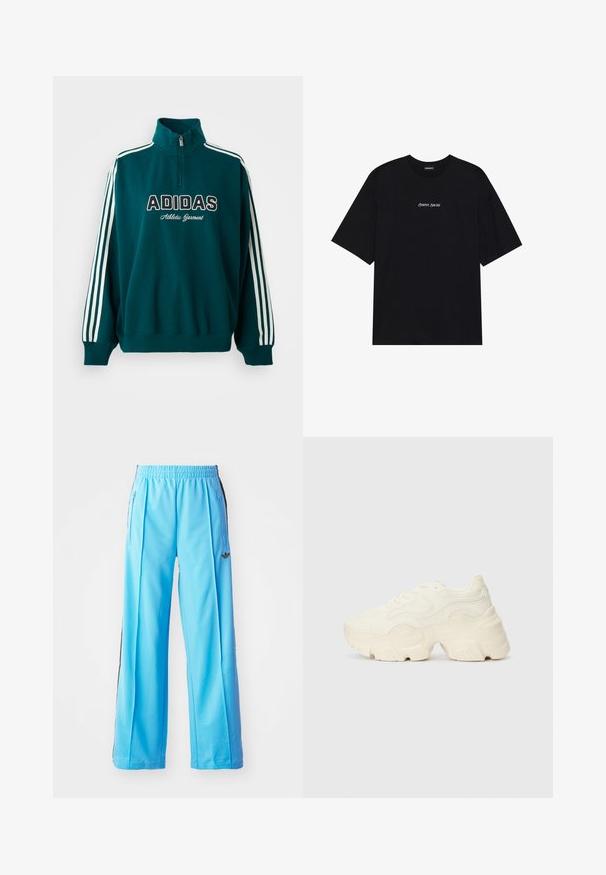 Ceri svārki ar augsto apkakli, baltu Adidas logotipu un tekstu "Athletic Garment"; piedurkņu malās ir baltas trīs svītru akcenti.; Melna kokvilnas T-krekls ar brīvu dizainu. Iezīmē īsas piedurknes un noapaļotu kakla izgriezumu. Uz priekšpuses centrā ir balts uzraksts "Pozitīvs, Sirsnīgs".; Gaiši zili sporta bikses ar elastīgu jostasvietu, sānu rāvējslēdzējiem un melniem sānu akcentiem. Mīksts audums ar brīvu, plašu kāju dizainu.; Masīvi balti sportisti, kas izgatavoti no strukturēta sieta un sintētiskajiem materiāliem, ar biezu zoli un sarežģītām rakstu detaļām gar sāniem.