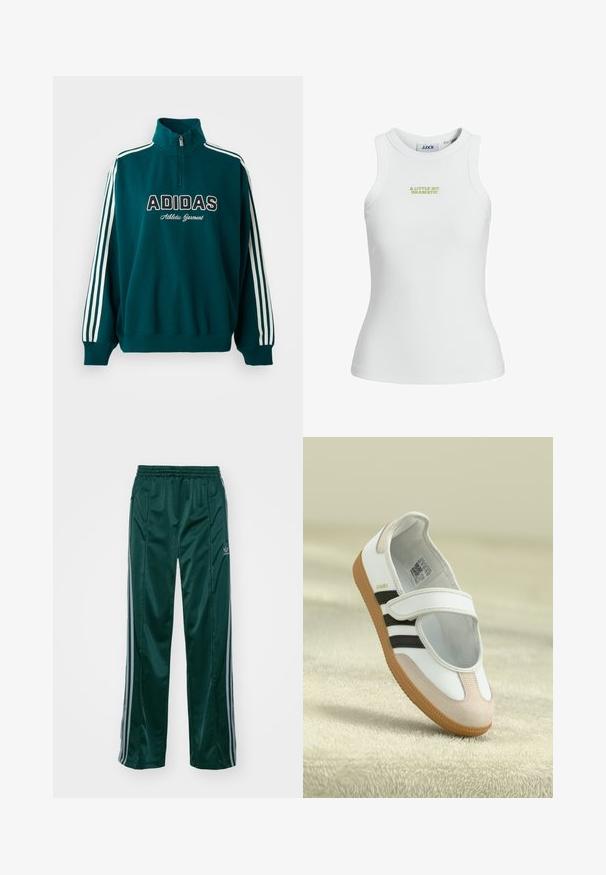 Tyrkysová mikina s vysokým límcem, bílým logem Adidas a textem "Sportovní oděv"; má bílé pruhy na rukávech.; Bílý žebrovaný tílko s přiléhavým střihem, s zeleným vyšitým textem "MALOU TROCHU DRAMATICKÉ" na přední straně.; Tmavě zelené sportovní kalhoty vyrobené z lesklého materiálu, s bočními pruhy ve světle šedé barvě a vyšitým logem na levé noze.; Bílé boty se špičkou z růžového semiše, černými pruhy a suchým zipem. Mají hnědou gumovou podrážku a logo po straně.