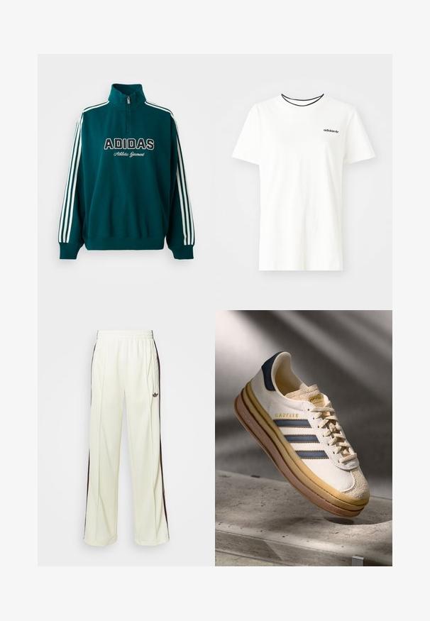 Sweatshirt verde-água com gola alta, logótipo branco da Adidas e texto "Roupa Atlética"; apresenta detalhes em três riscas brancas nas mangas.; T-shirt de algodão branca com mangas curtas e decote redondo. Apresenta um logo preto da Adidas no peito e uma gola interna preta em contraste.; Calças de moletom de cor creme com um ajuste descontraído, apresentando riscas laterais castanhas-escuras e um logótipo bordado na coxa esquerda.; Sapatilha Adidas Gazelle com parte superior em camurça creme, detalhes em couro azul, três riscas azuis, entresola bege e sola de borracha castanha.
