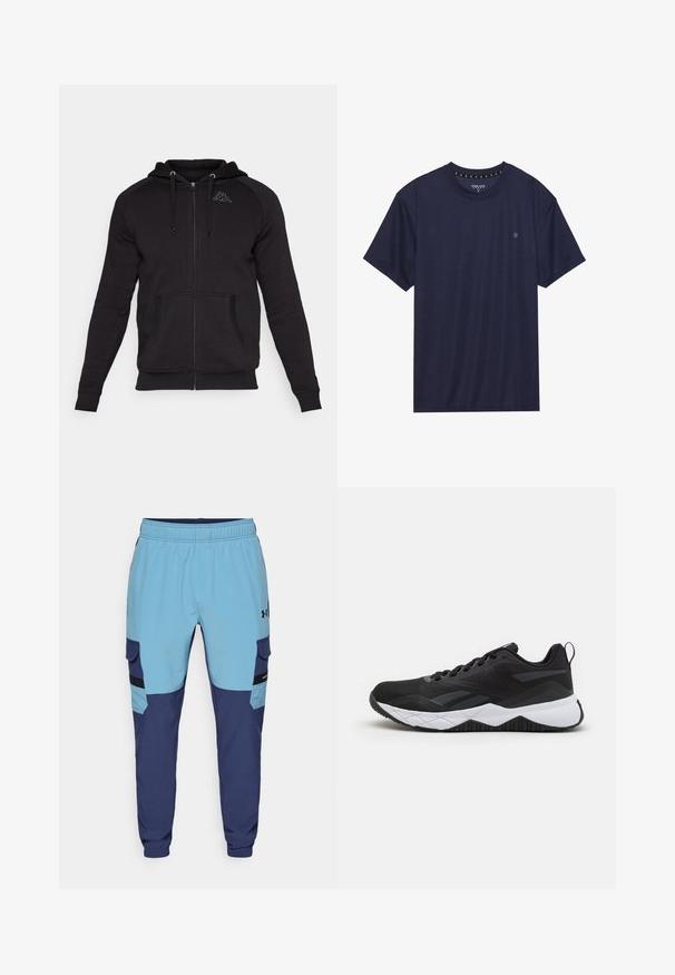 Kappa Mikina so zipsom - black; Námornícky modré tričko s krátkym rukávom vyrobené z mäkkej látky, s okrúhlym výstrihom a malým logom na ľavej hrudi.; Modré a námornícke tepláky s elastickým pásom, bočnými vreckami a akcentmi v štýle cargo. Vyrobené z mäkkej a priedušnej tkaniny.; Reebok NFX - Tréningová obuv - black/cold grey