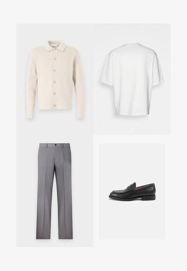 Bežani pleteni kardigan s izrezom na ovratniku i kopčanjem na gumbe. Ima duge rukave i mekanu teksturu, sa suptilnim rebrastim detaljima.; Bijela majica kratkih rukava, slobodnog kroja, okruglog izreza, od glatke pamučne tkanine, bez ukrasa na leđima, ravnog donjeg ruba, bez uzoraka ili naglasaka.; Sive krojene hlače s ravnim prednjim dijelom, dva bočna džepa i jedan gumb za zatvaranje. Glatka tekstura s suptilnim uzorkom prugica.; Crne kožne loferice s glatkom površinom, zaobljenim vrhom i dekorativnim šavom na gornjem dijelu. Nizak potplat s malim potpeticama i blagi sjaj.