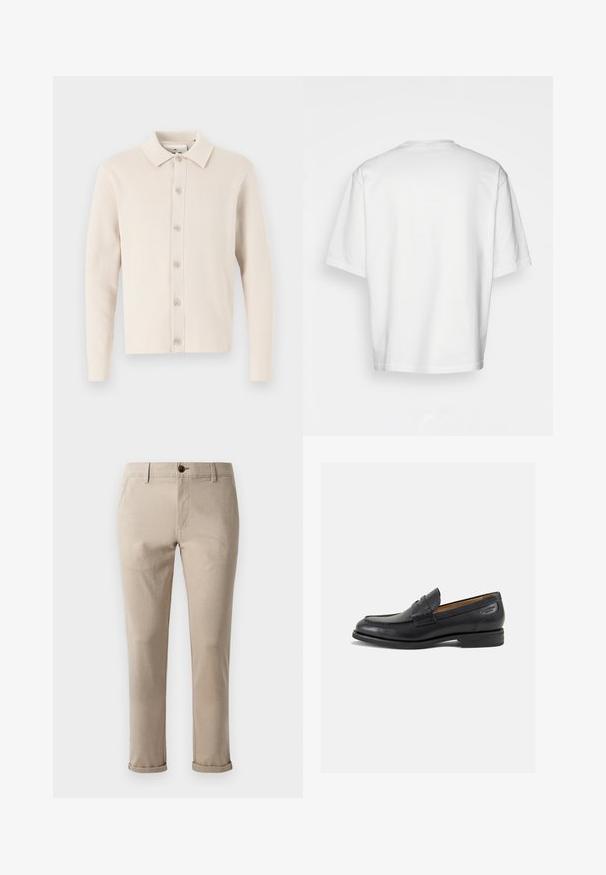 Beige gebreide cardigan met een kraag en knoopsluiting. Heeft lange mouwen en een zachte textuur, met subtiele ribbel-details.; Witte t-shirt met korte mouwen, losse fit, ronde halslijn, gladde katoenen stof, ongeversierde achterkant, rechte zoom, geen patronen of accenten.; Jack & Jones JPSTMARCO FURY - Chino - atmosphere; Zwarte leren loafers met een gladde afwerking, ronde neus en decoratieve stiksels op de wreef. Lage gestapelde hak en een lichte glans.