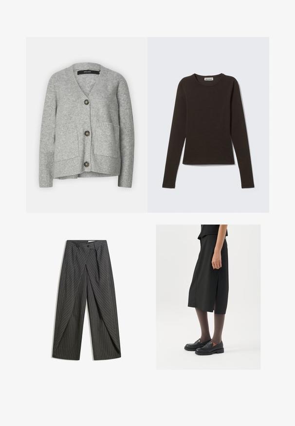Sivý pletený cardigan s výstrihom do V, tromi veľkými gombíkmi, dvoma prednými vreckami a rebrovanými manžetami. Jemná textúra a uvoľnený dizajn.; Tričko s dlhým rukávom a okrúhlym výstrihom v tmavohnedej farbe, vyrobené z hladkého bavlneného dresu s priliehavým strihom a minimalistickým dizajnom.; Šedé pruhované nohavice s uvoľneným strihom, vybavené jedným gombíkom, skladmi a širokými nohavicami.; Čierna sukňa po kolená so bočným rozparkom, skombinovaná s čiernymi mokasínami a priehľadnými hnedými pančuchami, s hladkým materiálom a jednoduchým dizajnom.