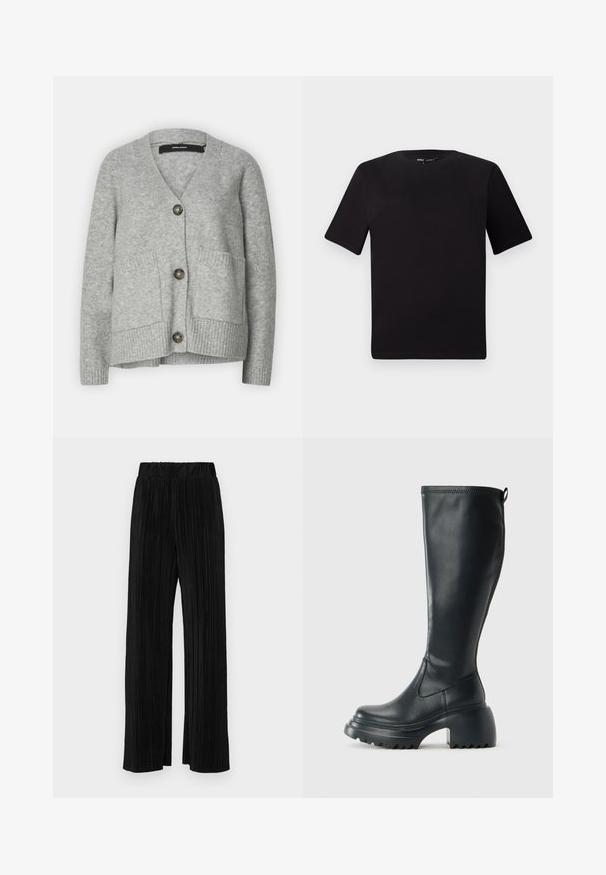 Grå strikket cardigan med V-hals, tre store knapper, to frontlommer og ribbede mansjetter. Myk tekstur og avslappet design.; Svart t-skjorte med korte ermer og rund hals, laget av mykt bomullsstoff. Enkelt design, ingen synlige logoer eller mønstre.; Sorte plisserte bukser med elastisk midje. Har vide ben og et glatt, strukturert stoff med vertikale striper.; Høy svart lærstøvel med chunky plattformsåle og blokkhelt, med trekkstang og teksturert mønster på yttersålen.