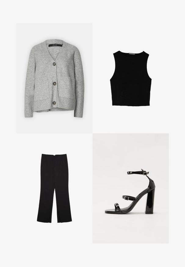Šedý pletený kardigan s výstřihem do V, třemi velkými knoflíky, dvěma předními kapsami a žebrovanými manžetami. Měkká textura a uvolněný design.; Černý bezsleeve crop top vyrobený z hladké tkaniny, s kulatým výstřihem a čistým, jednoduchým designem bez vzorů nebo kovových doplňků.; Černé kalhoty s rovným střihem, s předními kapsami a bočními rozparky na lemu. Vyrobené z jemné, hladké tkaniny. Vhodné na různé příležitosti.; Černé lakované sandály na podpatku se čtveratou špičkou, lýtkovými pásky a stříbrnými přezkami. Disponují masivním blokovým podpatkem pro stabilitu.