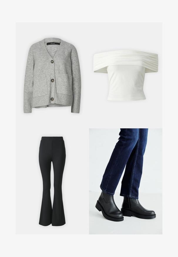Gray knitted cardigan with a V-neck, three large buttons, two front pockets, and ribbed cuffs. Soft texture and relaxed design.; Off-the-shoulder white top with pleated, structured neckline and fitted bodice. Made from soft fabric with a smooth texture.; Black flared trousers made from stretchy fabric. Features a high waistband and a smooth, fitted design that flares from the knee downward.; Black leather ankle boots with a chunky sole and side elastic panels, paired with dark blue jeans. The ground is light-colored.