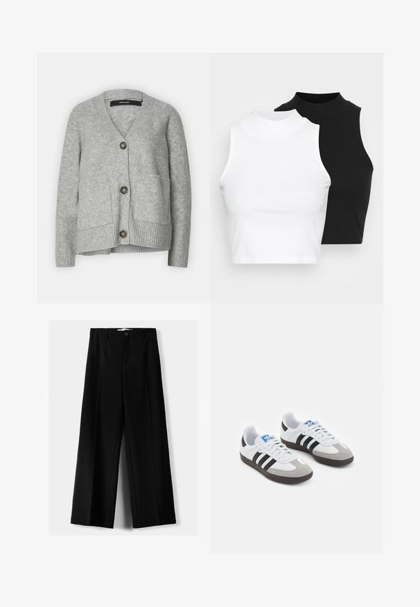 Grå stickad cardigan med V-ringning, tre stora knappar, två framfickor och ribbade ärmslut. Mjuk textur och avslappnad design.; Två ärmlösa ribbade polotröjor i svart och vitt, med en figursydd design och slät textur, i en kortad längd.; Svarta vida byxor i lätt material, med knappstängning fram och platt front, samt väl sydda fållar.; Sportskor med överdel i vit läder, grå mocka på tårna och tre svarta ränder. Har en blå logotyp på tungan och en texturerad gummisula.