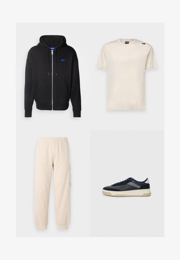 HUGO NARDIMEZ - Sweatjacke - black; Kurzarm-T-Shirt aus off-weißem Baumwollstoff, mit Rundhalsausschnitt und einem kleinen schwarzen Logo-Tag auf der linken Schulter. Glatte Textur.; Beige Jogginghosen aus weichem Stoff, mit einem elastischen Bund und Bündchen am Knöchel. Ein dezentes, geprägtes Logo befindet sich an der Seite.; BOSS BALTIMORE - Sneaker low - open blue