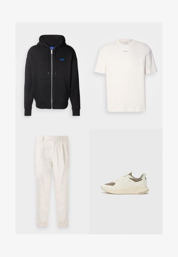 HUGO NARDIMEZ - Zip-up sweatshirt - black; White cotton T-shirt featuring a round neck, short sleeves, and embroidered "Calvin Klein" logo at the chest center. Plain design.; White, pleated trousers with a tailored fit, featuring a smooth texture, belt loops, and tapered legs. No visible pockets or patterns.; White and light beige athletic sneaker, featuring a mesh upper, perforated detailing, and a textured midsole with branding on the heel.
