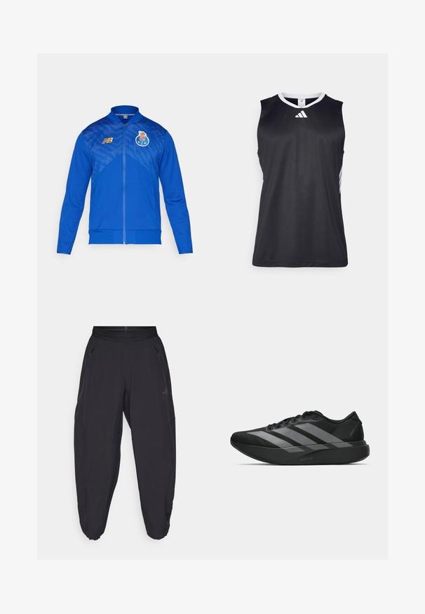 Blue zip-up jacket with mesh pattern, ribbed cuffs, and hem. Features a gold logo on the chest and a club emblem on the left side.; Black sleeveless athletic tank top with a V-neck, white accents on the sides, and a white Adidas logo on the chest. Smooth, moisture-wicking fabric.; Black athletic pants with elastic waistband, zippered side pockets, tapered legs, and subtle logo on the right thigh.; Black athletic shoes with a lightweight design, featuring three prominent gray stripes, a smooth texture, and a contoured sole.