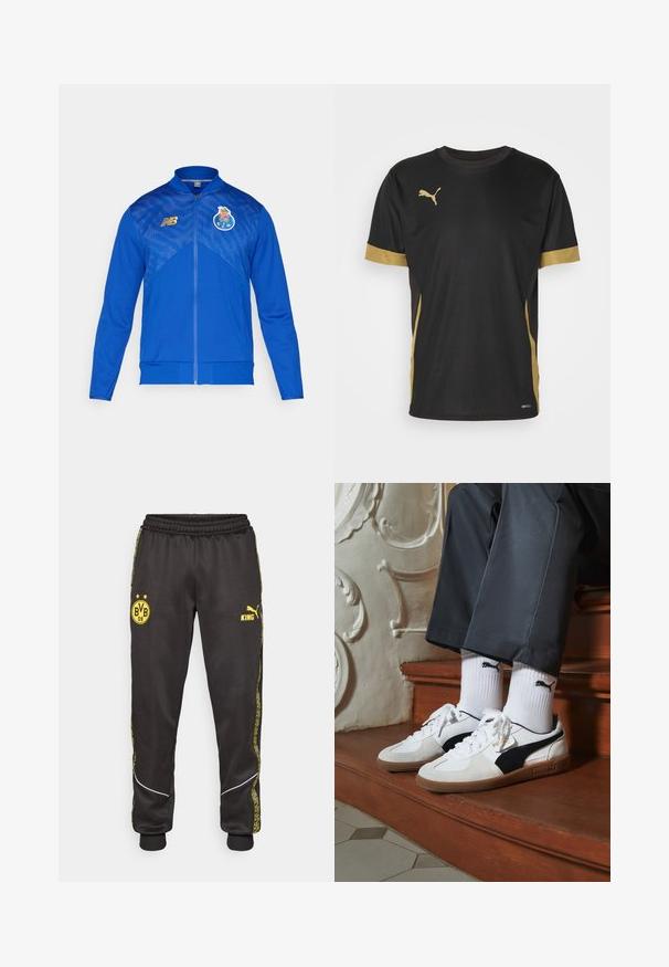 Blauwe ritsjack met gaaspatroon, ribgebreide manchetten en zoom. Heeft een gouden logo op de borst en een clubembleem aan de linkerkant.; Zwarte sport T-shirt met gouden accenten op de mouwen en zijkanten. Voorzien van een ronde hals, korte mouwen en vochtregulerende DRYCELL-stof.; Zwarte sportbroeken met gele logos van Borussia Dortmund BVB 09 en Puma King, een elastische tailleband en gestreepte gele zijpanelen.; Puma sneakers in wit en zwart suède, met een bruine rubberen zool. Gecombineerd met witte sokken met een zwart logo, gedragen met donkere broek.