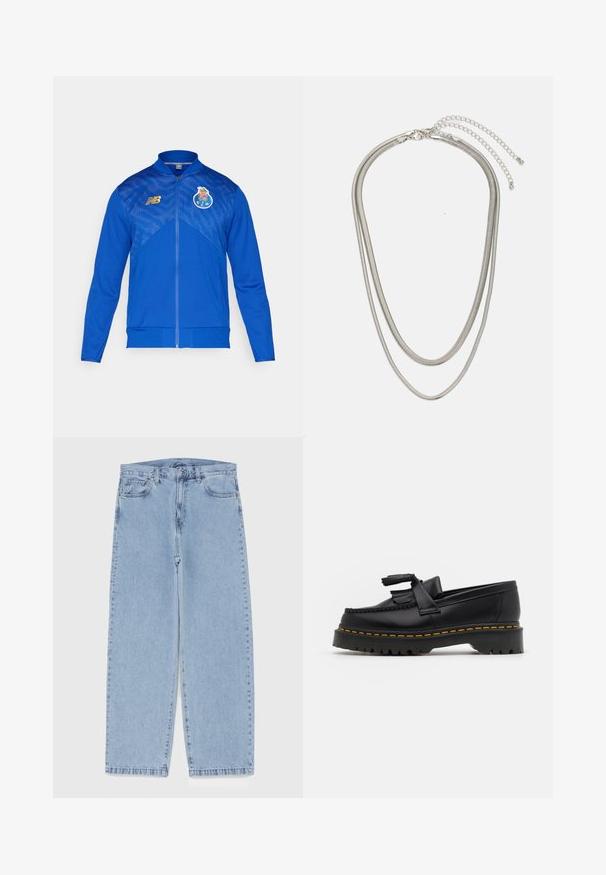 Blå zip-jakke med nettmønster, ribbede ermer og hem. Har en gull logo på brystet og et klubbemblem på venstre side.; Fem lange ermer T-skjorter på rad: turkis, svart, hvit, mørkegrå og marineblå. Myk stoff med rund halsdesign og standard passform.; Lyseblå denimjeans med rett ben-design, med mid-rise liv, fem lommer og knap og lynlås lukning.; Svart skinn loafers med en kvastdetalj, med en tjock svart sula och gul sömnad längs kanten. Texturerad yta.; Tre-lags sølvmetallkjede med elegante, fleksible kjeder med en svak glans, sikret med en krabbe-lås og justerbar kjede.