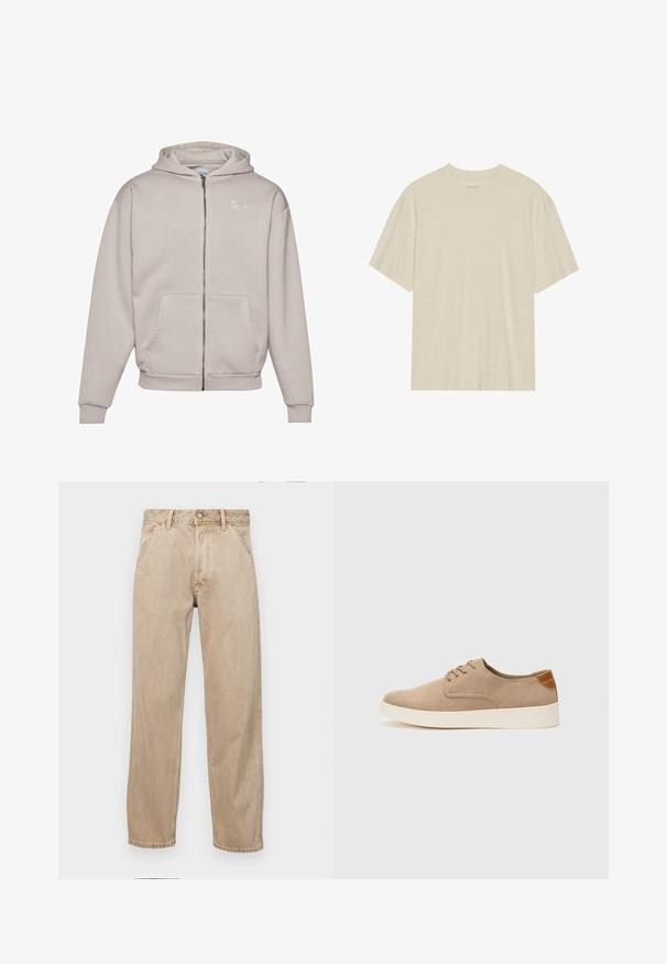 Sudadera con cremallera de color gris claro, hecha de una tela suave, con un bolsillo frontal, puños acanalados y un pequeño logo blanco en el pecho.; Camiseta de manga corta color crema con una sutil textura a rayas y cuello redondo, confeccionada en una tela ligera.; Jeans de mezclilla beige con un diseño de pierna recta, que cuentan con bolsillos frontales, cierre de botón de metal y una textura sutil.; Zapatillas de ante beige con puntera redondeada, cordones en la parte delantera y un acento texturizado en la parte trasera. La suela de goma blanca proporciona contraste. Diseño sencillo y moderno.