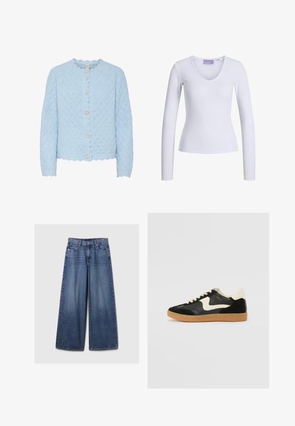 Cárdigan de punto azul claro con patrón de diamantes, bordes en forma de ondas y cinco botones redondos similares a perlas. Mangas largas y longitud corta.; Camiseta blanca de manga larga con textura acanalada y diseño de escote en V. Etiqueta visible en el interior del cuello con el nombre de la marca "JJXX."; Jeans de mezclilla azul de pierna ancha con un acabado desgastado, que cuentan con un cierre de botón y cremallera, cinco bolsillos y cinturas.; Zapatillas de deporte de ante y cuero negro con un swoosh lateral en crema y un talón en crema claro. Presenta cordones beige y una suela de goma marrón.