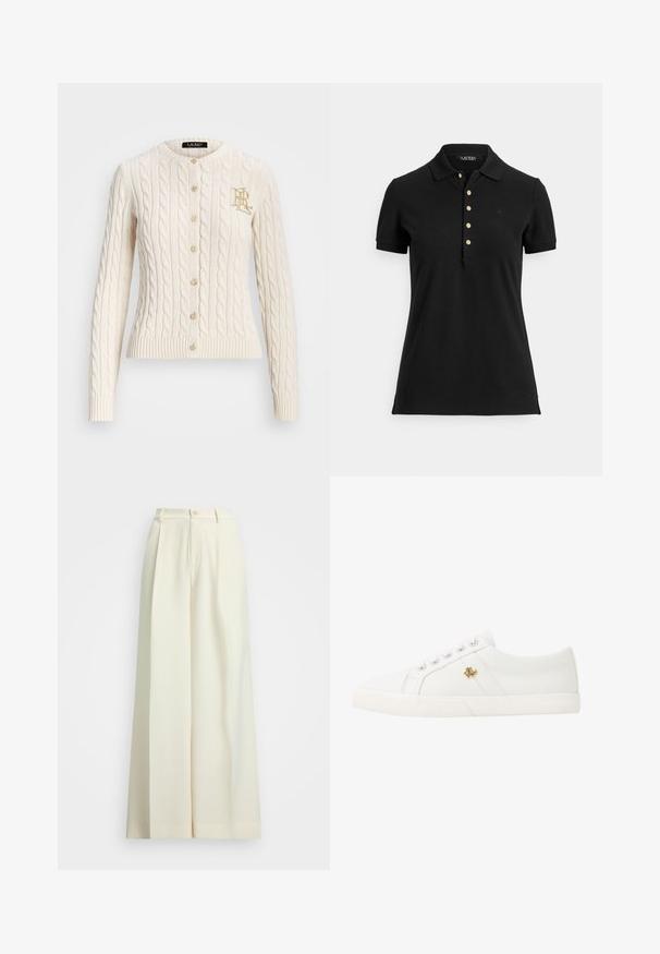 Krämsfärgad kabelstickad cardigan med rund halsringning, långa ärmar, knäppning framtill och en liten guldlogga på vänster sida.; Svart pikétröja i texturerat tyg med krage, korta ärmar och en slits med guldfärgade knappar. Diskret logodetalj på bröstet.; Vida med vida byxorna i off-white tyg, med hög midja, dubbla veck och knappstängning. Slät textur och skräddarsydd design.; Lauren Ralph Lauren JANSON II CANVAS SNEAKER - Sneakers - optic white