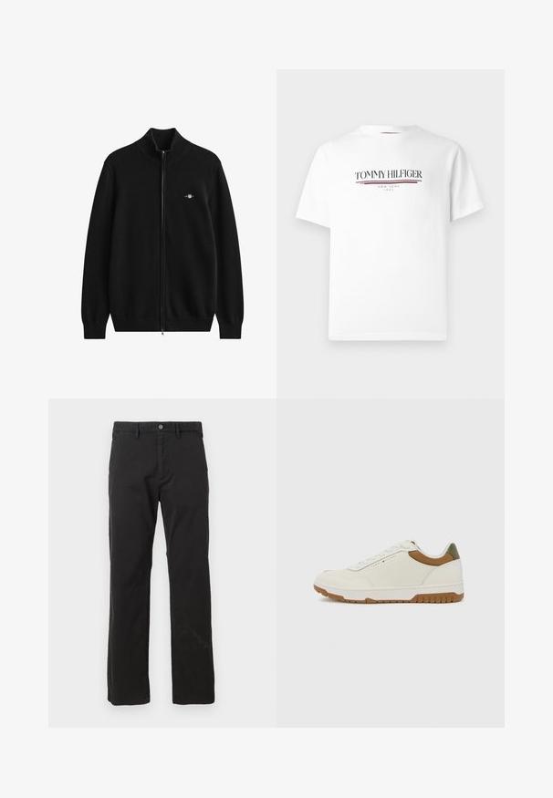 Czarny sweter na zamek z prążkowanym kołnierzem i mankietami. Wykonany z miękkiego materiału, z małym haftowanym logo na piersi.; Biała bawełniana koszulka z okrągłym dekoltem i krótkim rękawem, z logo "TOMMY HILFIGER" w kolorze czarnym z czerwoną linią akcentującą.; Czarne spodnie z bawełny, o prostym kroju, z przednimi kieszeniami i zapięciem na guzik, o gładkiej fakturze. Brak widocznych wzorów.; Tommy Hilfiger - Sneakersy niskie